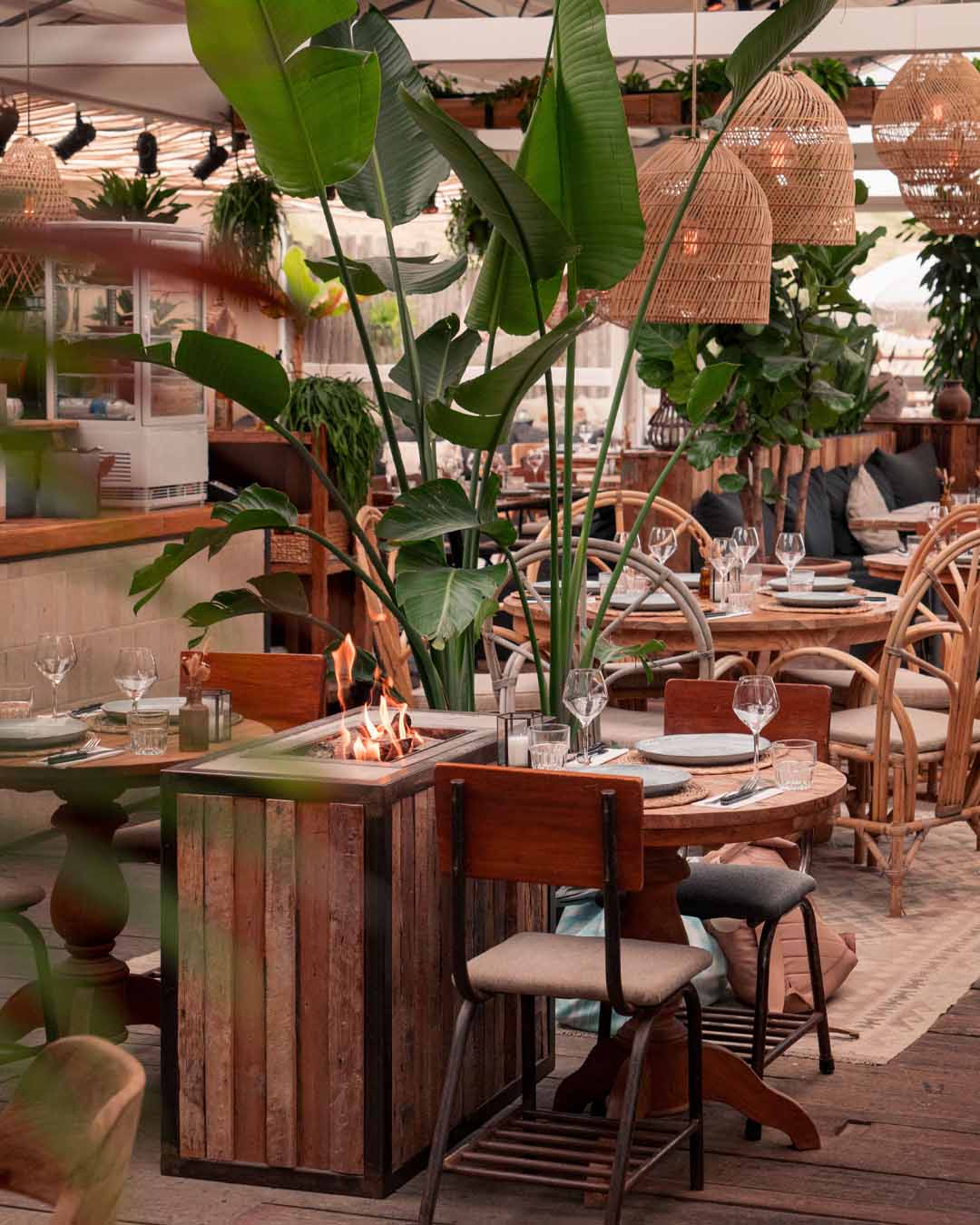 Interieurshot van tafel naast vuurtje en strelitzia plant